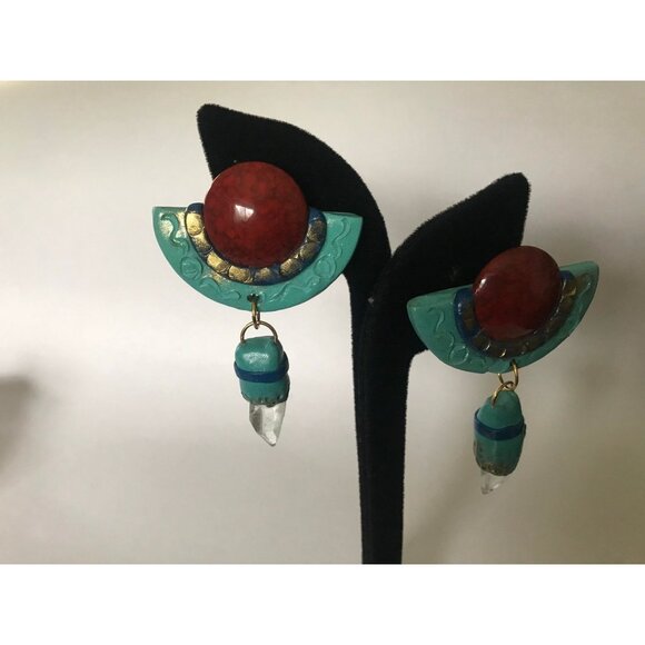 Vtg 1980's Handmade Resin Half Moon Dangle Drop Earrings Amber Cabochon Clip On - Picture 2 of 10